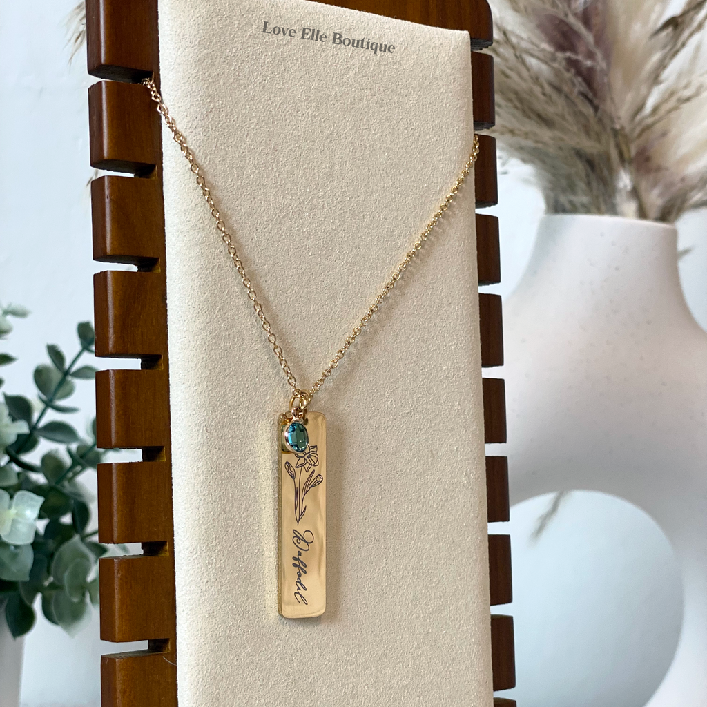 Birth Flower and Birth Stone Engraved Bar Necklace